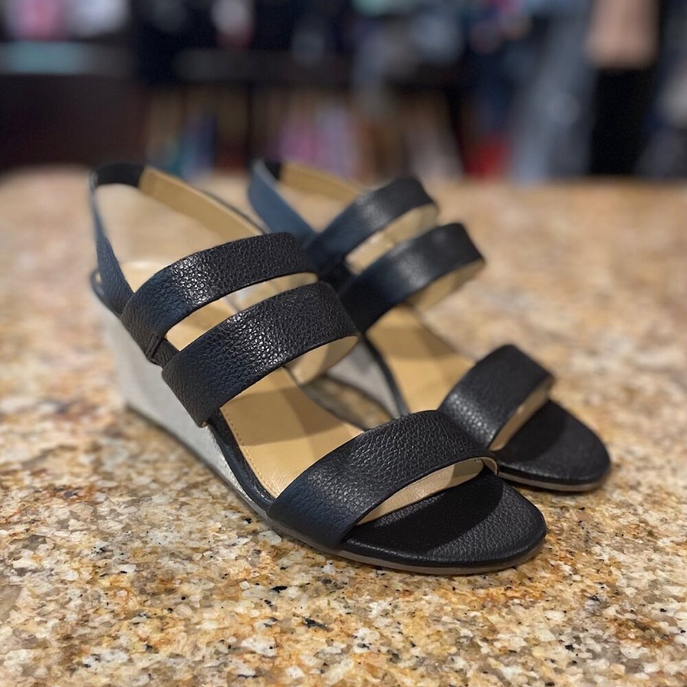Talbots Black Pebble Leather Sandals with Fabric Wedge Heel